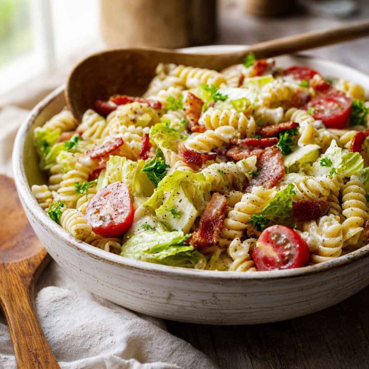 A large bowl of creamy BLT pasta salad with rotini pasta, crispy bacon pieces, halved cherry tomatoes, and fresh romaine lettuce.