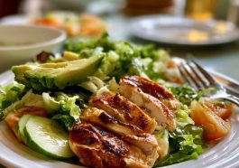 Fresh Chicken Avocado Salad with grilled chicken, sliced avocado, cherry tomatoes, cucumber, and mixed greens in a bowl.