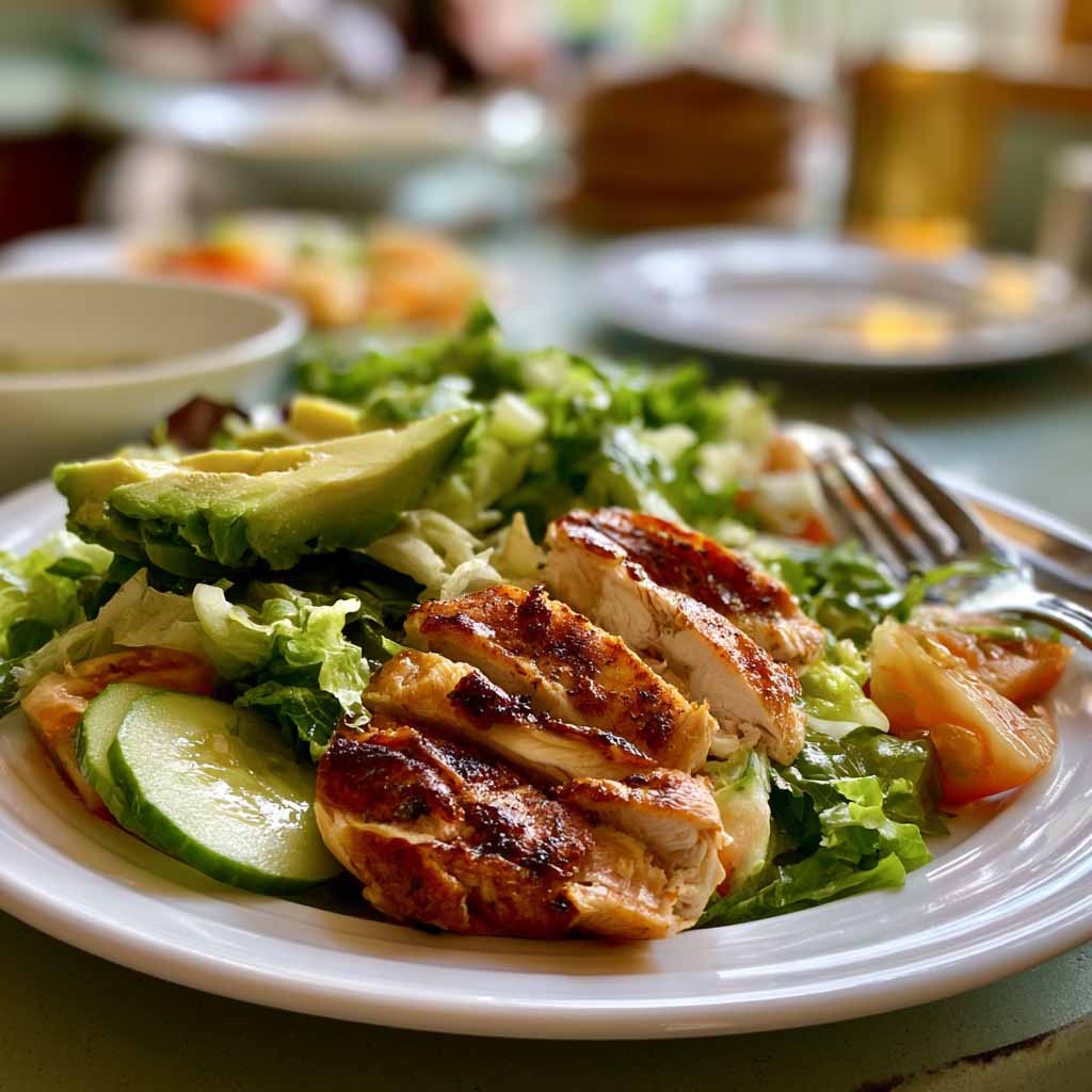 Fresh Chicken Avocado Salad with grilled chicken, sliced avocado, cherry tomatoes, cucumber, and mixed greens in a bowl.