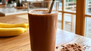 High-protein Healthy Chocolate Smoothie topped with cacao nibs, banana slices, and chia seeds.