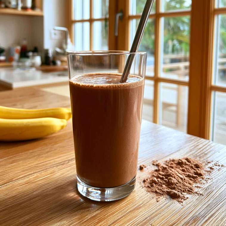 High-protein Healthy Chocolate Smoothie topped with cacao nibs, banana slices, and chia seeds.