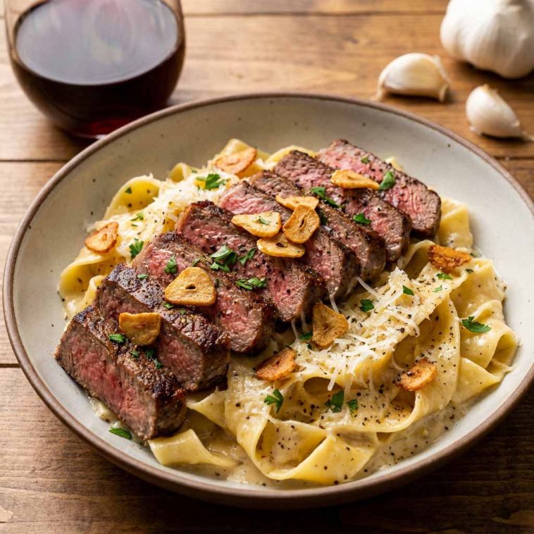 Garlic parmesan steak pasta – Creamy pasta tossed with garlic parmesan sauce and tender steak slices.