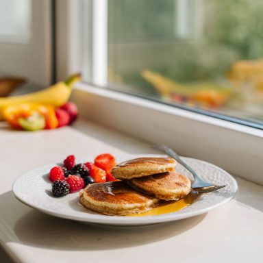 A stack of golden brown fluffy cottage cheese pancakes topped with fresh berries and a drizzle of maple syrup.