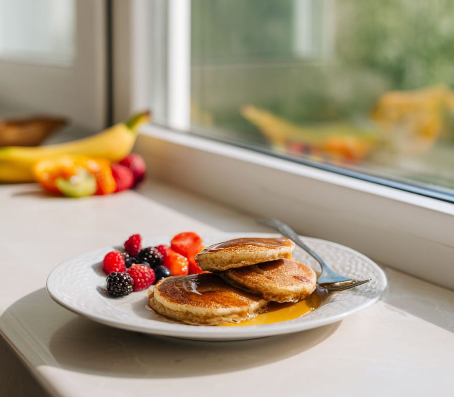 A stack of golden brown fluffy cottage cheese pancakes topped with fresh berries and a drizzle of maple syrup.