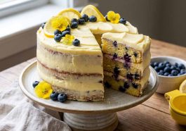 Delicious lemon blueberry cake – Moist lemon cake topped with fresh blueberries and glaze.