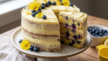 Delicious lemon blueberry cake – Moist lemon cake topped with fresh blueberries and glaze.