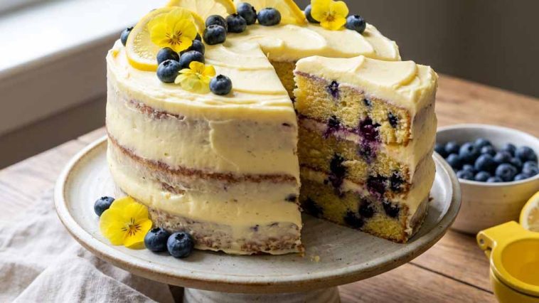 Delicious lemon blueberry cake – Moist lemon cake topped with fresh blueberries and glaze.