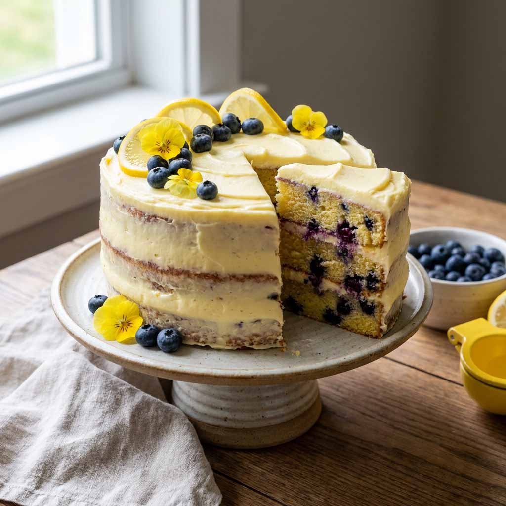 Delicious lemon blueberry cake – Moist lemon cake topped with fresh blueberries and glaze.