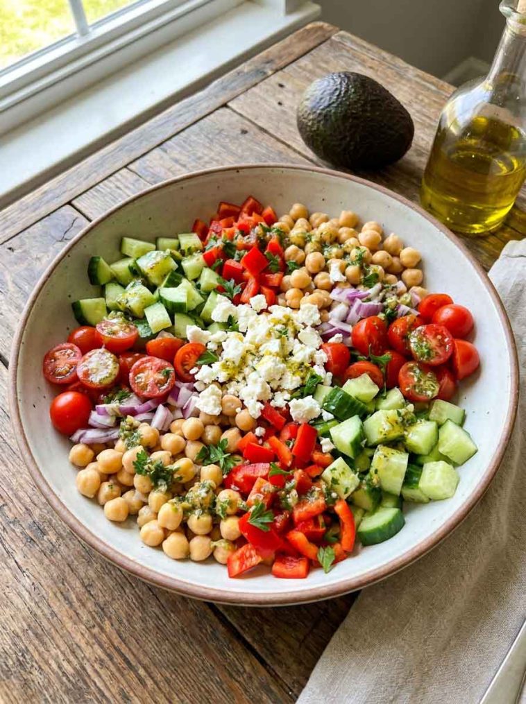 “Colorful chickpea salad with tomatoes, cucumbers, and parsley”