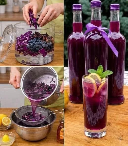 Glass of purple cabbage and blueberry detox drink garnished with fresh blueberries.