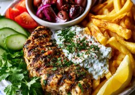 Greek chicken plate – Grilled chicken served with golden fries and creamy tzatziki.