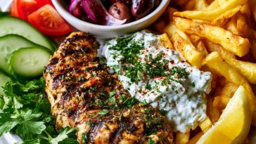 Greek chicken plate – Grilled chicken served with golden fries and creamy tzatziki.
