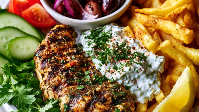 Greek chicken plate – Grilled chicken served with golden fries and creamy tzatziki.
