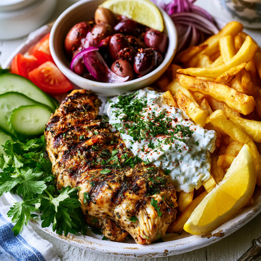 Greek chicken plate – Grilled chicken served with golden fries and creamy tzatziki.